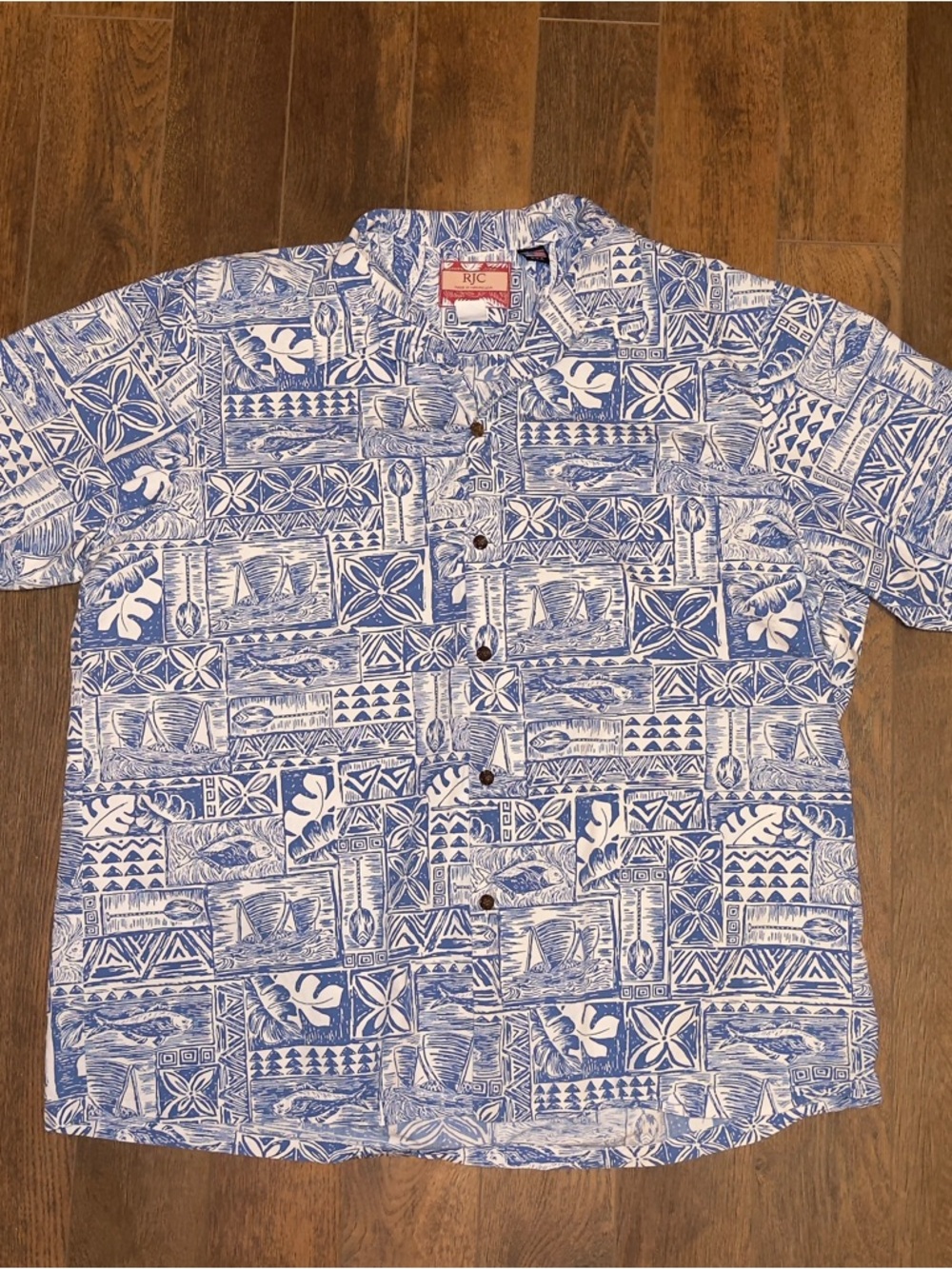 RJC Hawaiian Shirt Mens 2XL Blue White Aloha Camp Collar Made in Hawaii USA